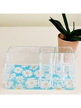 Sorbus Mini Makeup Organizer with 9 Slots Clear w/ Daisy Print Bottom Desk Dorm